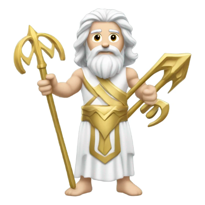 white man Poseidon with gold Trident. long white hair white dress.  with tools sticker