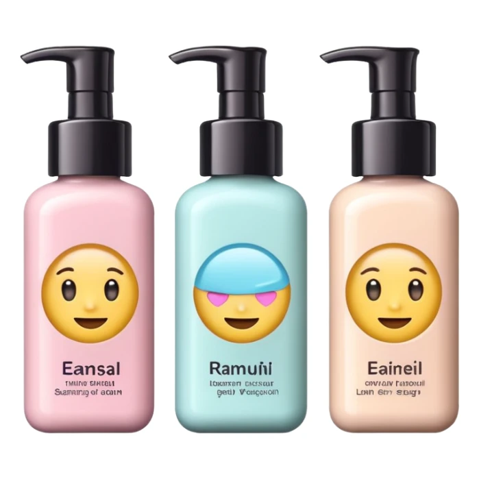 emoji of three different beauty products, with labels, minimalistic but luxury design (realistic), pastel colors sticker
