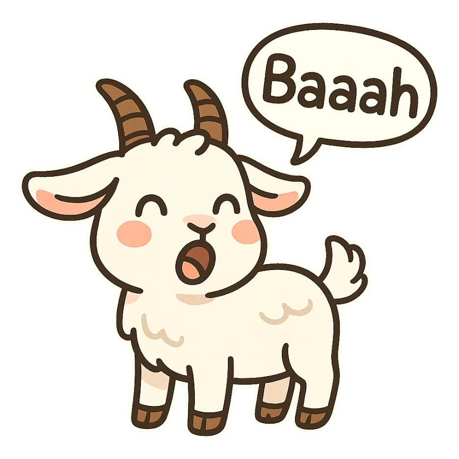 cute cartoon sticker style goat with mouth open, 'baaah' in a speech bubble, simple background sticker