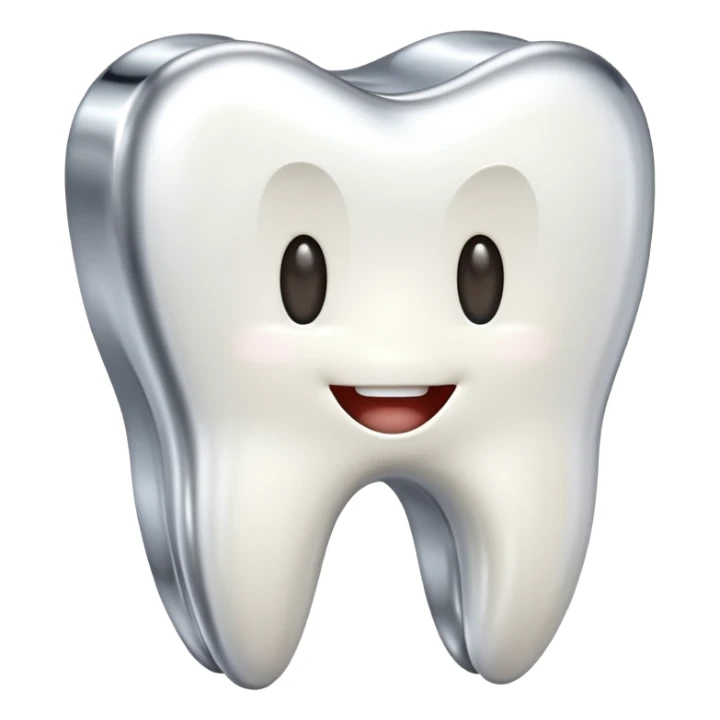 human tooth emoji, smooth chrome ceramic-metal texture, clean medical luxury aesthetic, isolated on white, no face sticker