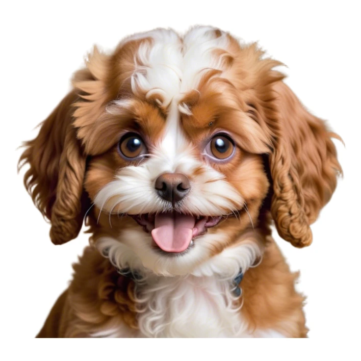 Cinematic Meme-Worthy Grumpy Apricot Cavoodle Portrait Emoji, Head held high but eyes filled with dramatic disappointment, smooth, curly apricot fur with striking white patches, deeply furrowed brow forming an unmistakable scowl, floppy ears slightly angled back in disapproval, piercing brown eyes glaring with pure exasperation, Simplified yet hilariously over-exaggerated features, highly detailed, glowing with an aura of supreme annoyance, high shine, exhausted yet judgmental, stylized with an almost regal pettiness, bright but brooding, soft glowing outline, capturing the essence of a companion that has seen it all and is thoroughly unimpressed, so meme-worthy it feels like it could instantly become the next viral sensation of grumpiness! sticker