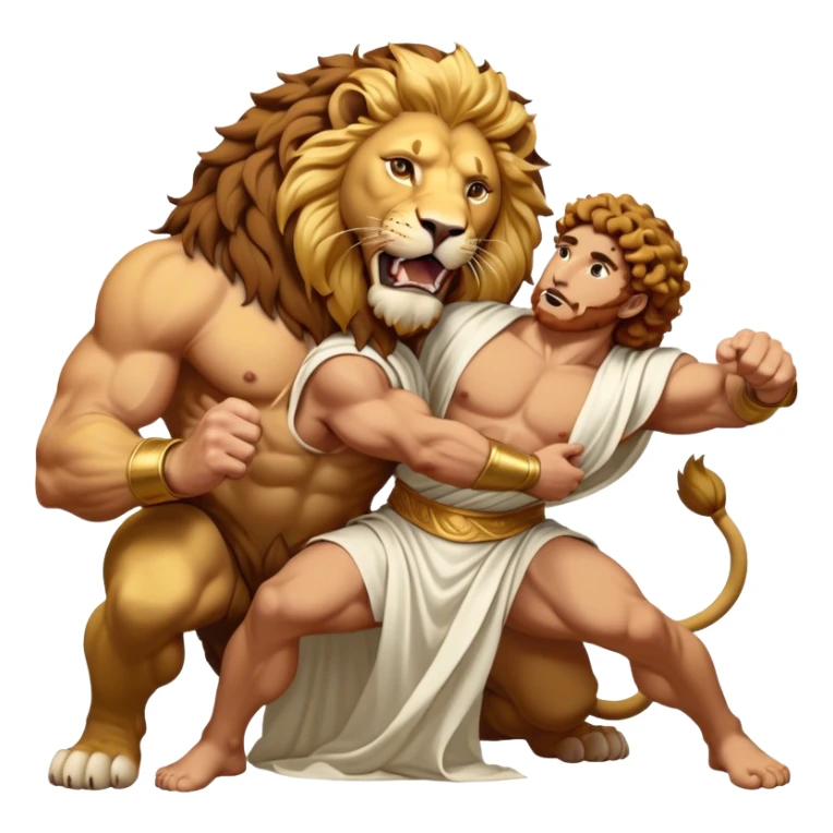 Cinematic Realistic Hercules Portrait, captured in a dramatic lion-wrestling pose that epitomizes raw, heroic strength. His light tan, athletic skin and thick, curly, golden brown hair are showcased as he grapples with a majestic lion, his refined face reminiscent of Michelangelo's David marked by noble determination. Draped in a flowing white robe with understated golden accents and crowned with a classic Greek laurel wreath, dynamic natural lighting accentuates every muscular contour and fierce, commanding expression, embodying the essence of ancient valor. sticker