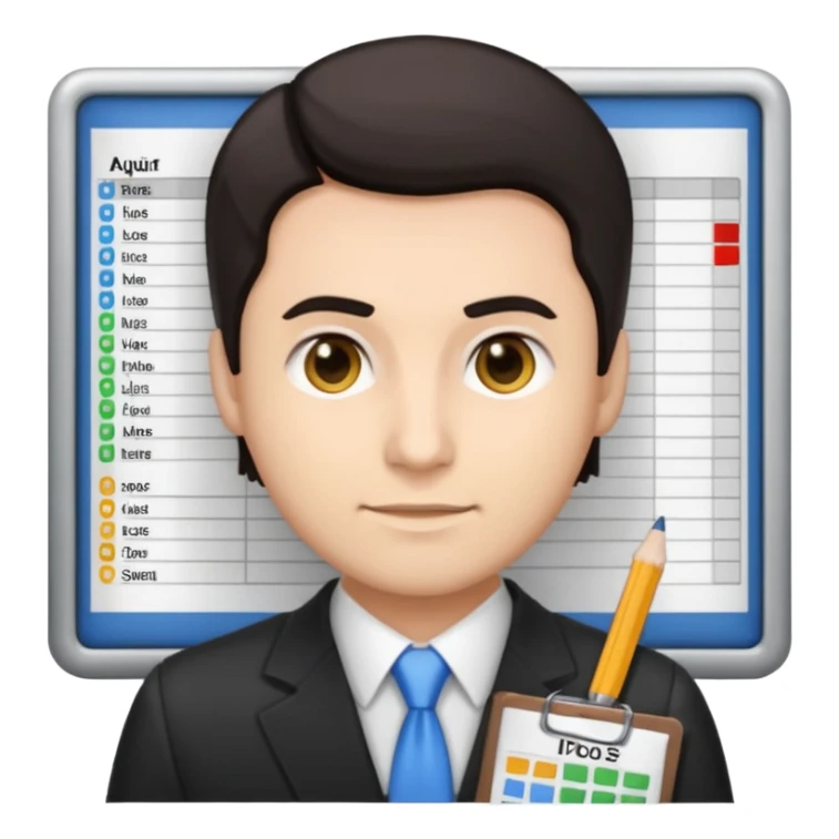 male dark hair auditor with spreadsheet emoji sticker