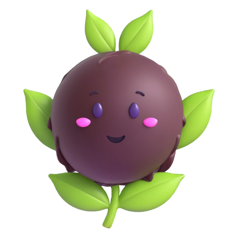 açaí berry bonbon in realistic emoji style, deep purple shiny berry, bottom half dipped in dark chocolate, small realistic green leaf on top, no face, clean glossy modern emoji look with lifelike details sticker