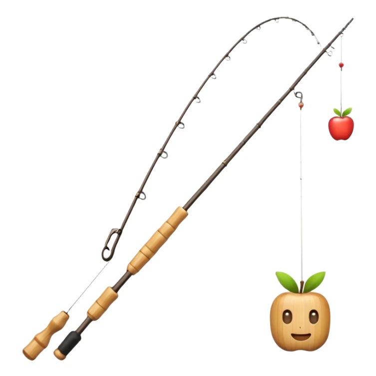 Genmoji-style bamboo fishing rod emoji, simple beginner rod, smooth rounded Apple-style shapes, soft gradients, small reel, exactly one fishing line hanging from the tip, 3/4 angle, clean silhouette, no hook, no text, transparent background sticker