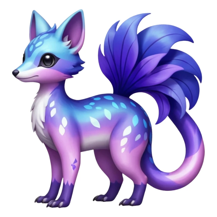  Shiny iridescent glossy oily smooth silky soft White with indigo-Violet-purple-pinkish-gradient markings beautiful handsome gorgeous aesthetic colorful vibrant Vernid-Trico-species-Fakemon-creature by LiLaiRa, 4 legs, 1 tail, random markings, (full body) sticker