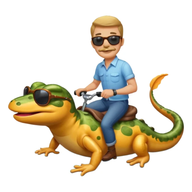 Mustachioed man with sunglasses riding a salamander on a river sticker