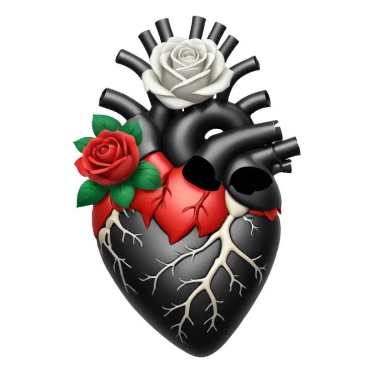 Black anatomical heart with white rose on top without leaves  sticker