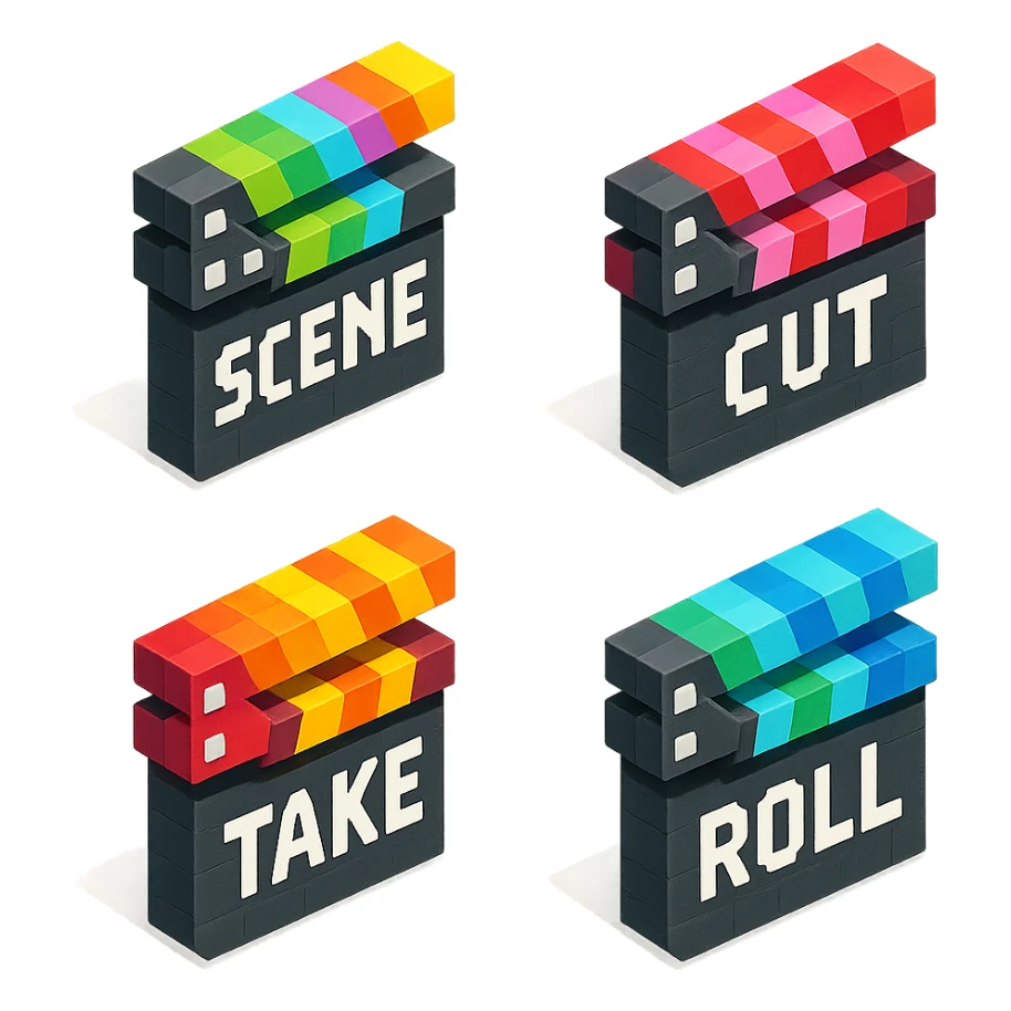 isometric view collection of movie clapperboards in voxel style, each with different colorful lids and unique text sticker