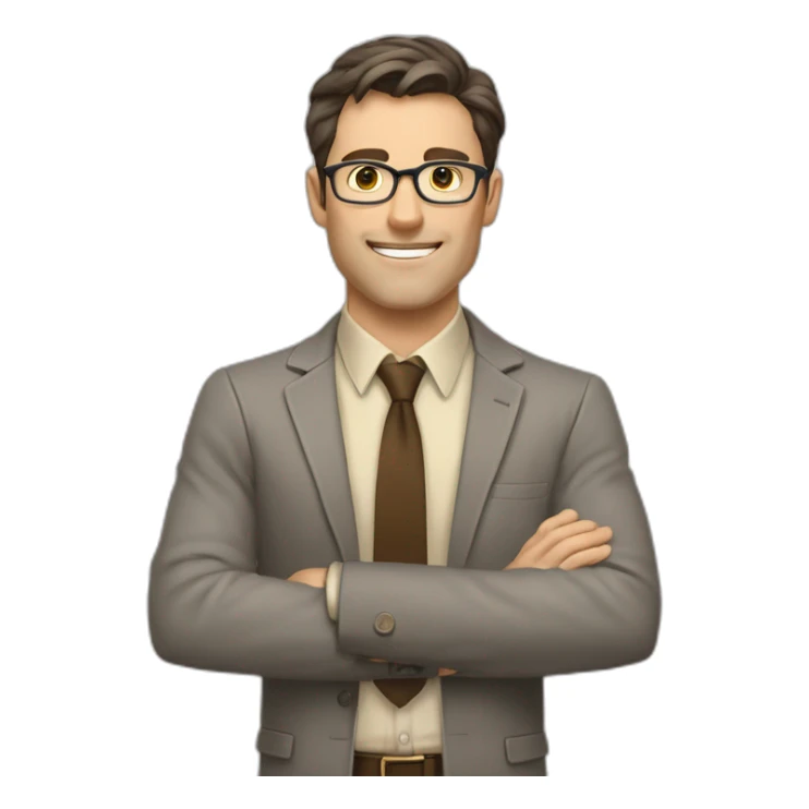 To belt Actively gesturing with hands Pale skinned fit man teacher with dark brown hair in gray jacket, beige office shirt, brown tie, brown pants and vintage glasses. sticker