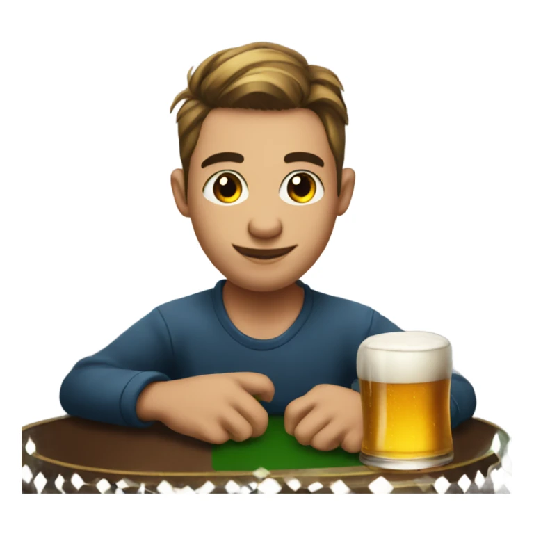 A young man at a poker table with a beer sticker