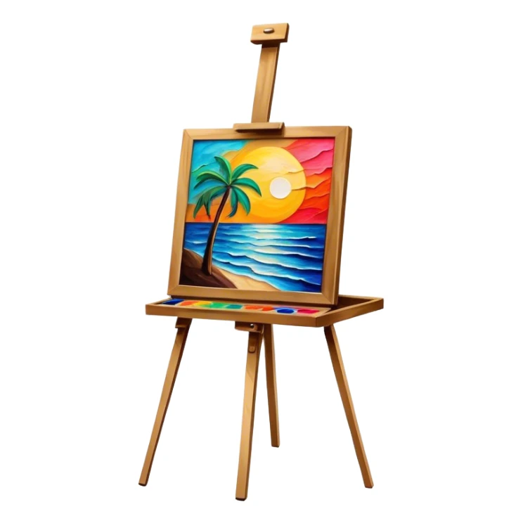 Painting on an easel, brush strokes, vibrant colors, abstract or classical style, textured effect, minimalistic, on a white background, no extra details, easel included. sticker