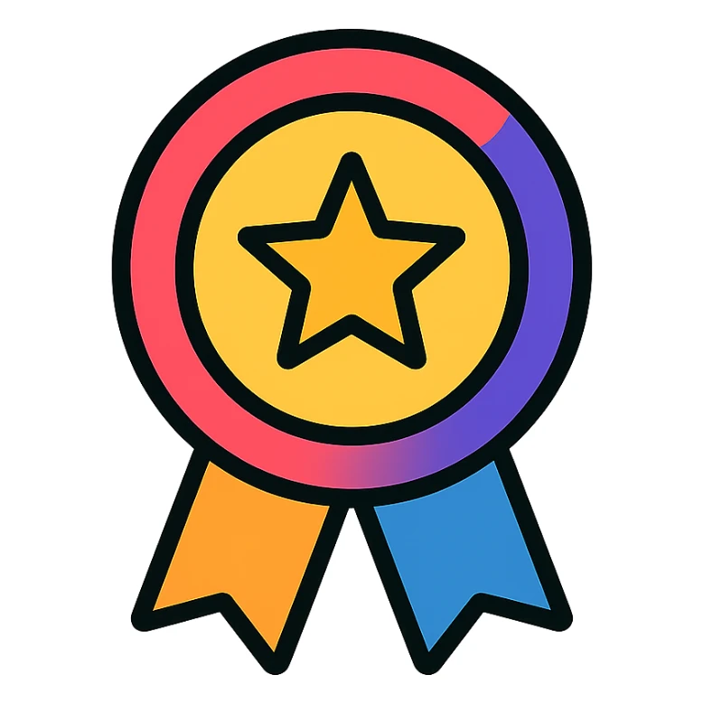 vector icon of a gold master choice badge with colorful elements, elegant minimalist flat design, award badge style, 2D flat vector, trending icon look, soft shadows, no text, isolated on white background, commercial use sticker