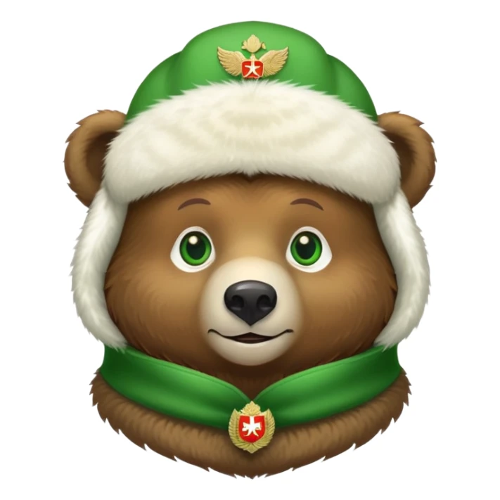 Endearing brown bear with bright green eyes, white fur ushanka hat with detailed Russian Federation emblem prominently displayed on front, iOS emoji style sticker