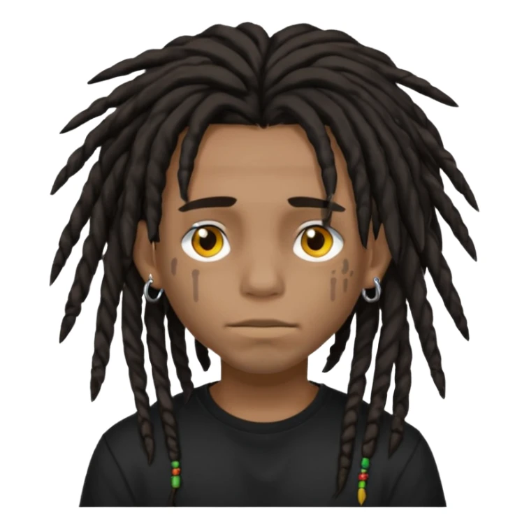 Dark-haired boy with medium-sized dreadlocks that cover part of his face and piercings sticker