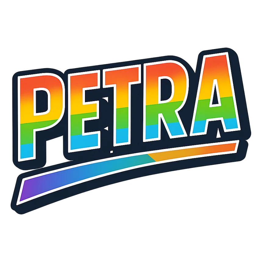The name 'Petra' in modern, precise Hungarian letters with a rainbow gradient fill, extra thick white letter border, dark contour, transparent background, dynamic slanted underline, in the style of the reference samples. sticker