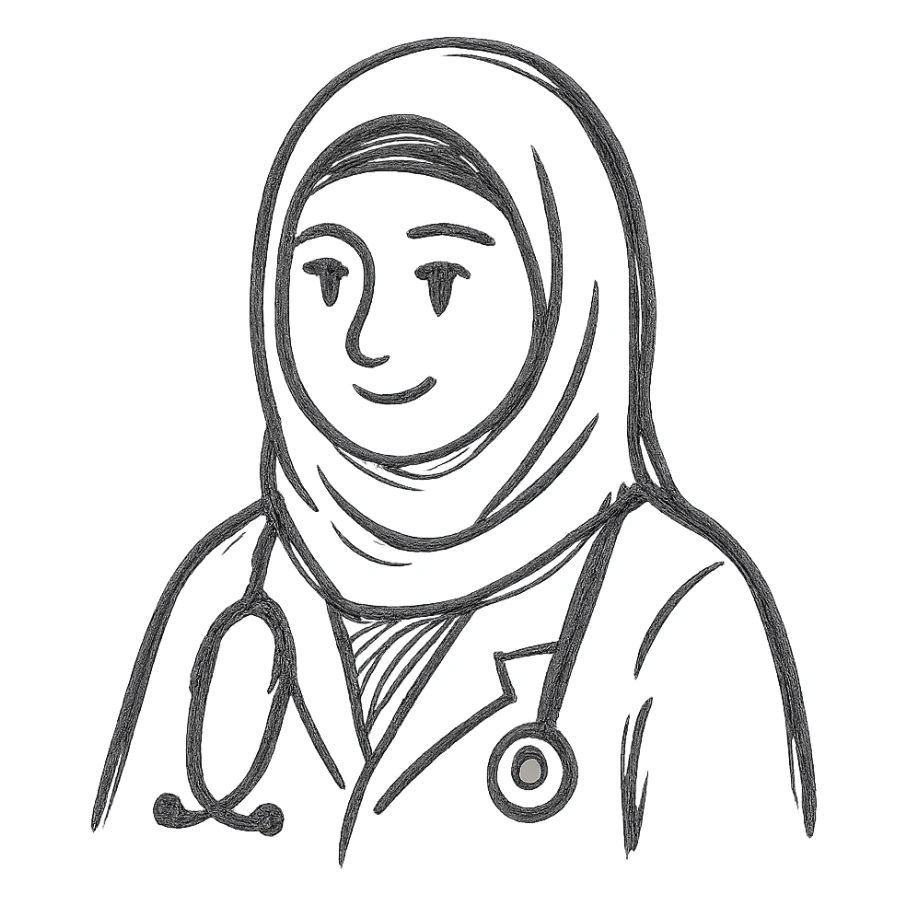 Make the hijabi a doctor with hand-drawn style and soft lines, conveying warmth and approachability. sticker