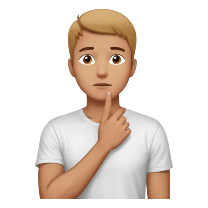 man standing, looking up to the top right, right hand touching his chin, thinking pose, thoughtful expression
 sticker