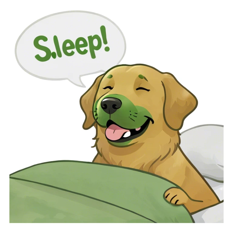 Golden retriever with speech bubble saying sleep well sticker