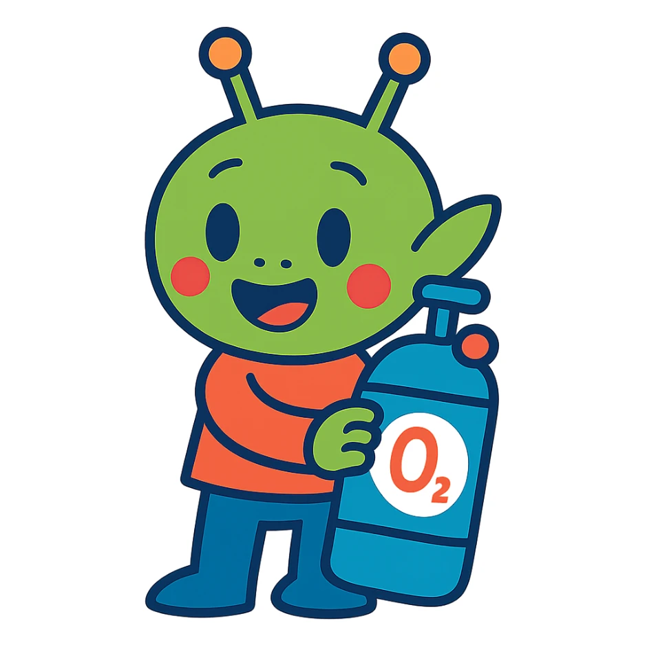 smiling alien character holding an oxygen tank, cartoon style, simple background, cheerful vibe sticker