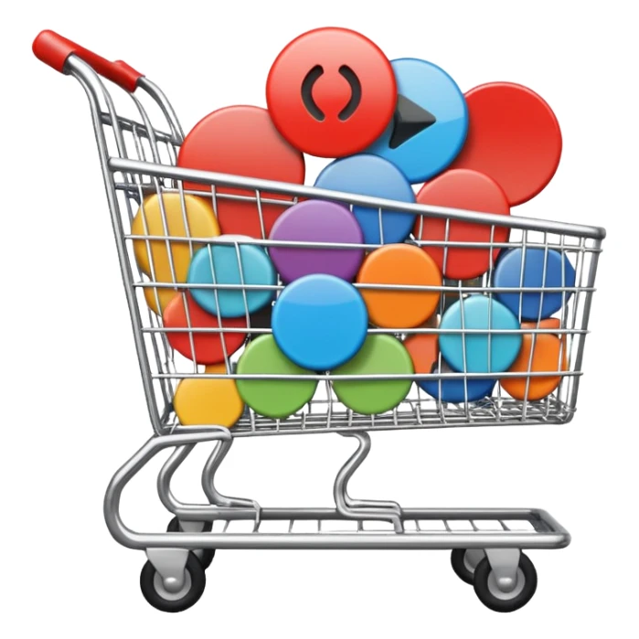 shopping cart with only round play button icons inside, a mix of #DEEB52 and #102C3D sticker