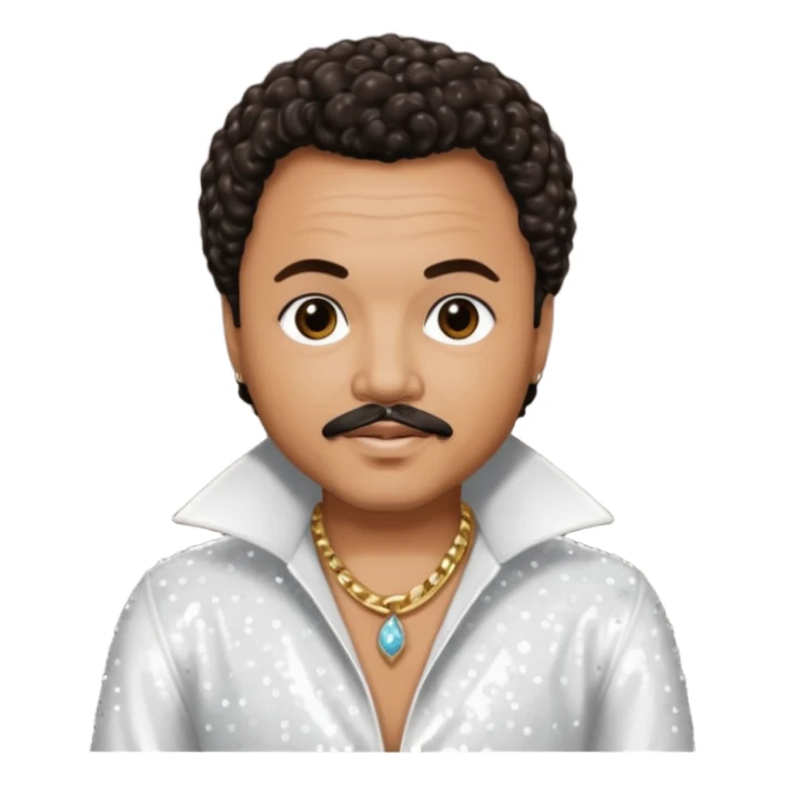 Howard Hewett with dark brown jeri curl hair, white sequin outfit sticker