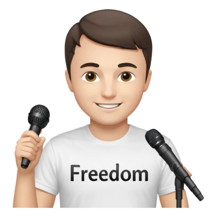 Charlie kirk wearing a white tee shirt that says freedom in plan black text holding a mic sticker