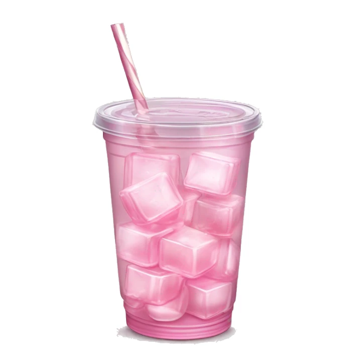 Realistic see through plastic cup and lid with half full Transluscent light pink soda,straw and large ice cubes inside. sticker