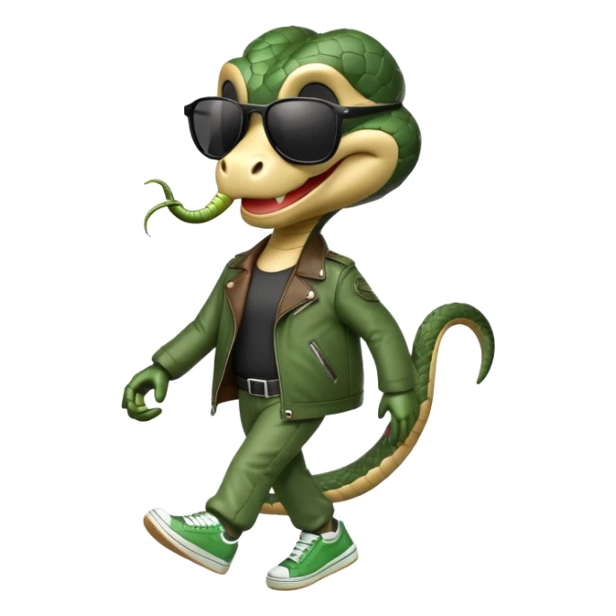 friendly anthropomorphised snake in sunglasses, jacket and sneakers, walking with a smile sticker
