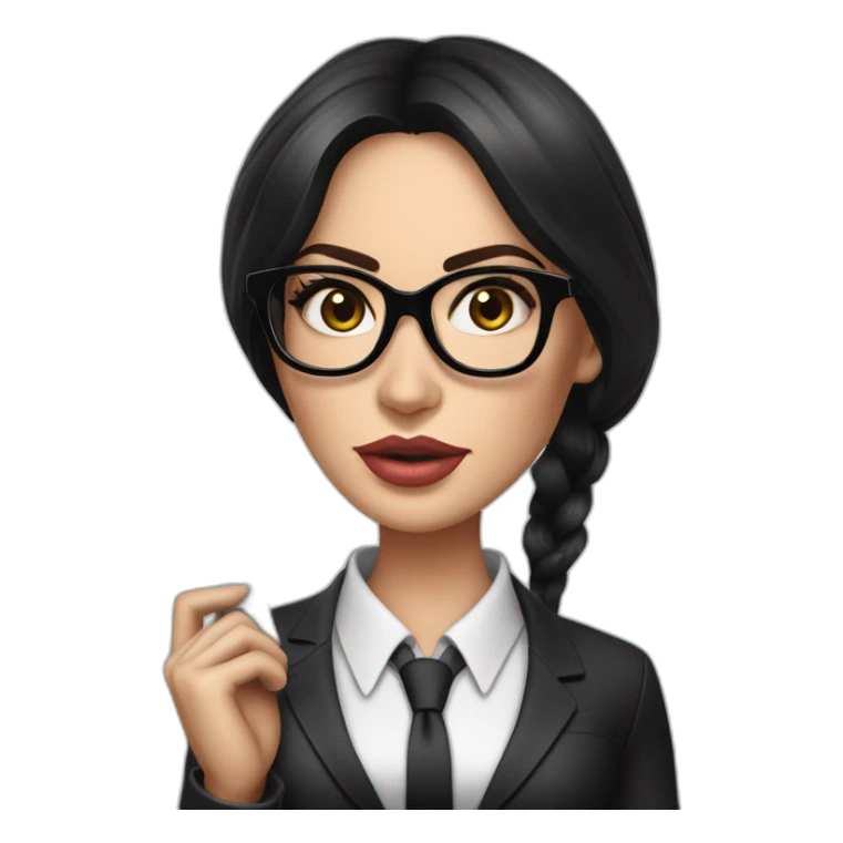 hyper realistic megan fox, wearing black suit and black glasses, holding a ruler sticker