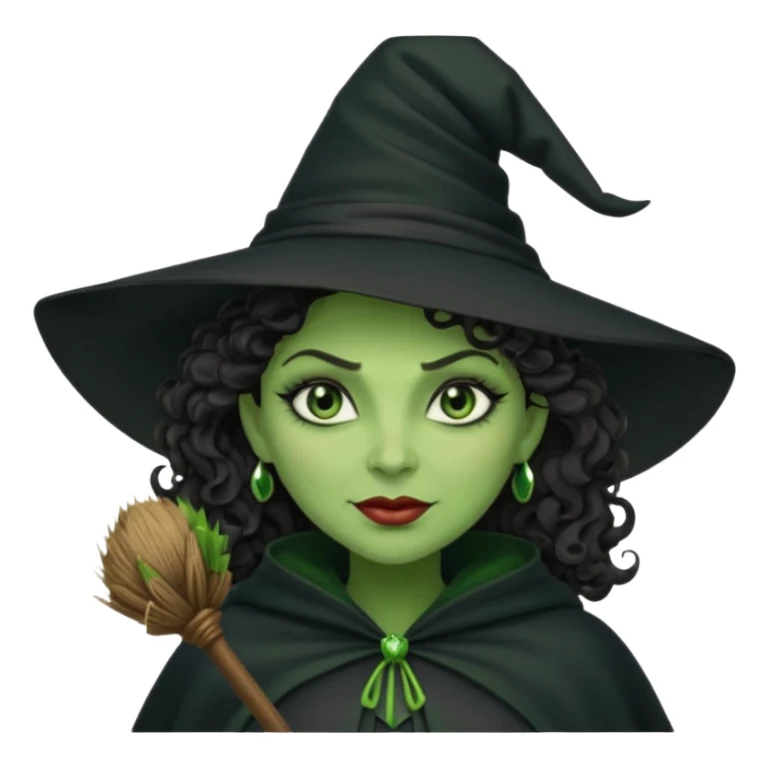 elphaba wicked witch with broom close up, evil dark curly hair, green skin, thick lips, cheekbones, smirk evil menacing cythia erivo dark aesthetic black hat cloak  sticker