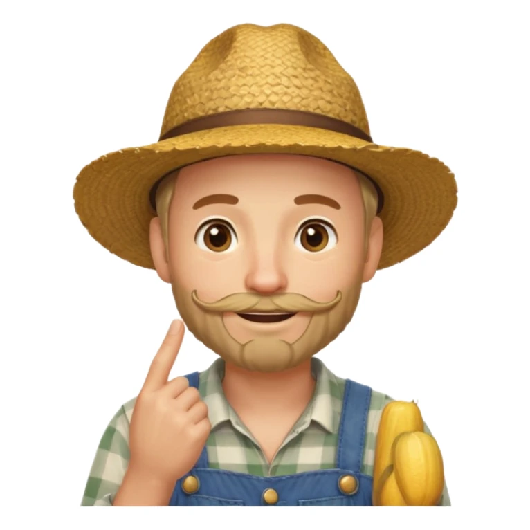 “A single emoji-style character combining 👨‍🌾😄 and 🤔: a smiling farmer man with a straw hat, friendly face, and light beard, holding one hand under his chin in a thinking gesture. His index finger rests under his face, eyes looking slightly upward as if thinking.  sticker