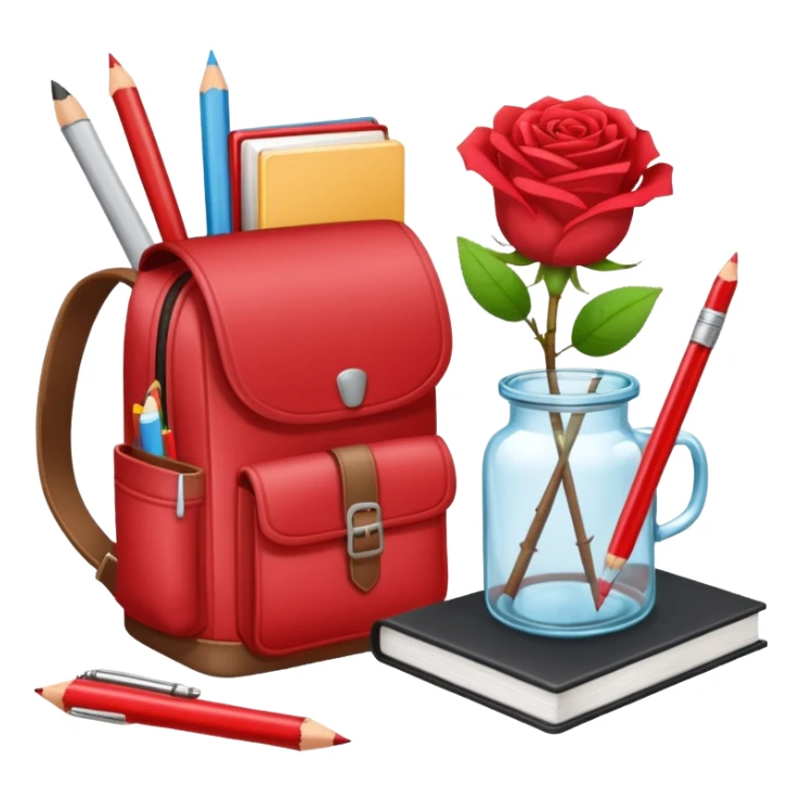 crear una  pizarra grande con libros a un lado, cuadernos, lapices, creyones, un vaso de cristal con rosas rojas, morral, lapto, estilo vector sticker