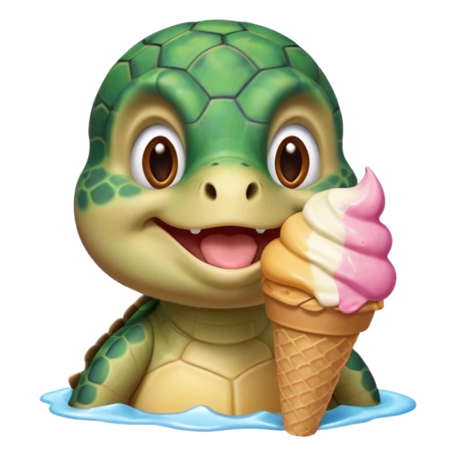 cute turtle portrait, head and shoulders only, licking an ice cream cone, funny happy expression, 3D cartoon, mobile game icon style, clean background, no text, no watermark
 sticker