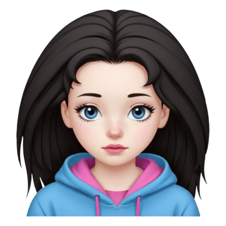 Create a teenage girl with straight brunette hair pulled into a messy bun, pale skin, light freckles, and blue-grey eyes. She will have pink lips and long black eyelashes. She will be wearing a big black hoodie. sticker