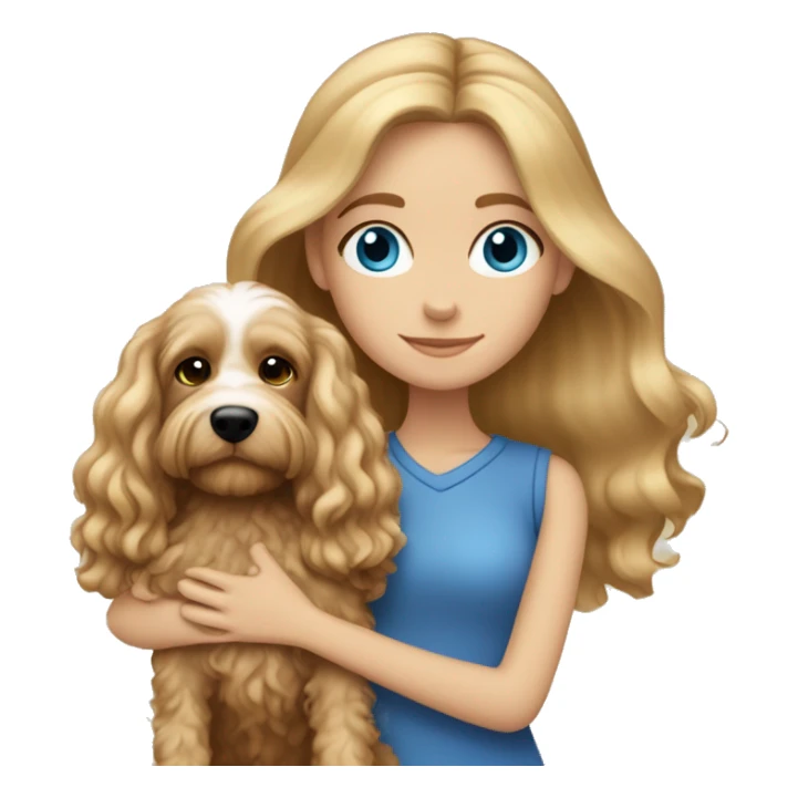 White dark blond girl with long hair and blue eyes hugging a cavapoo dog sticker