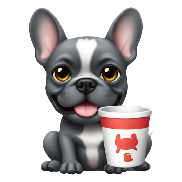 dark grey french bulldog holding a mug sticker