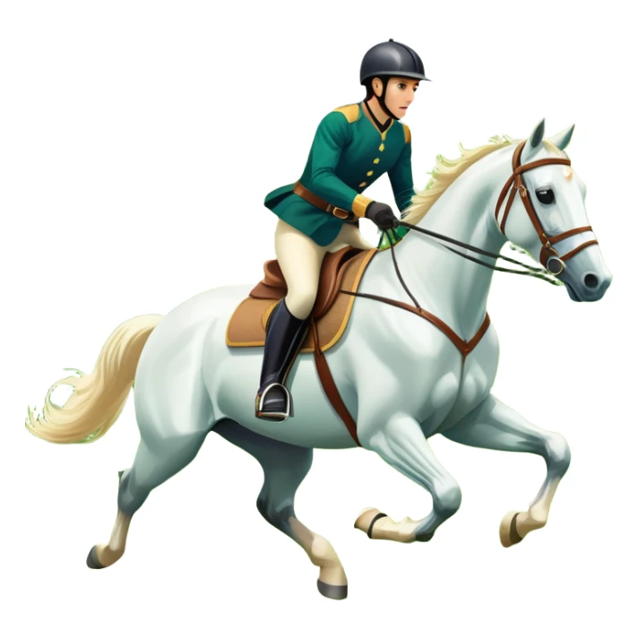 An icon featuring a horse and rider galloping gracefully over a lush green field. The rider is in full gear, guiding the horse with precision. The background shows rolling hills, a clear blue sky, and vibrant sunlight illuminating the scene. Transparent background highlights the elegance sticker
