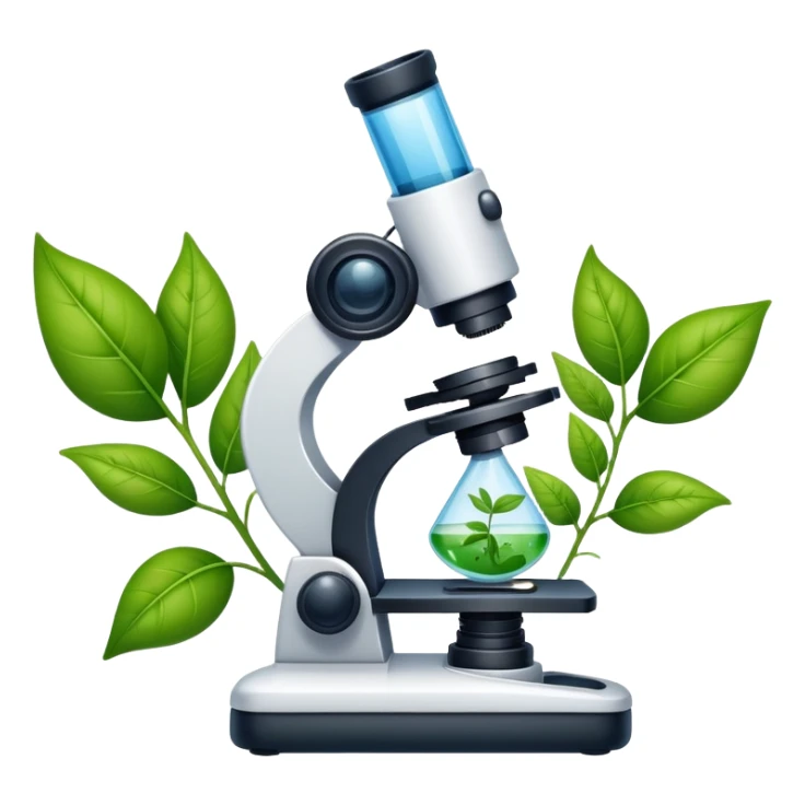 An icon featuring a microscope, a DNA strand, and plant leaves, symbolizing biology. The design includes cells, a test tube with a plant sample, representing life sciences, ecosystems, and the study of organisms. Transparent background highlights the exploration of living systems. sticker