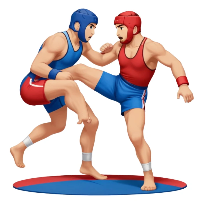 Two sambo fighters in blue and red gis with shorts, executing grappling and throwing techniques. The athletes are engaged in a dynamic hold or throw, showcasing the strength and skill of the sport. The background features a wrestling mat. Transparent background  sticker