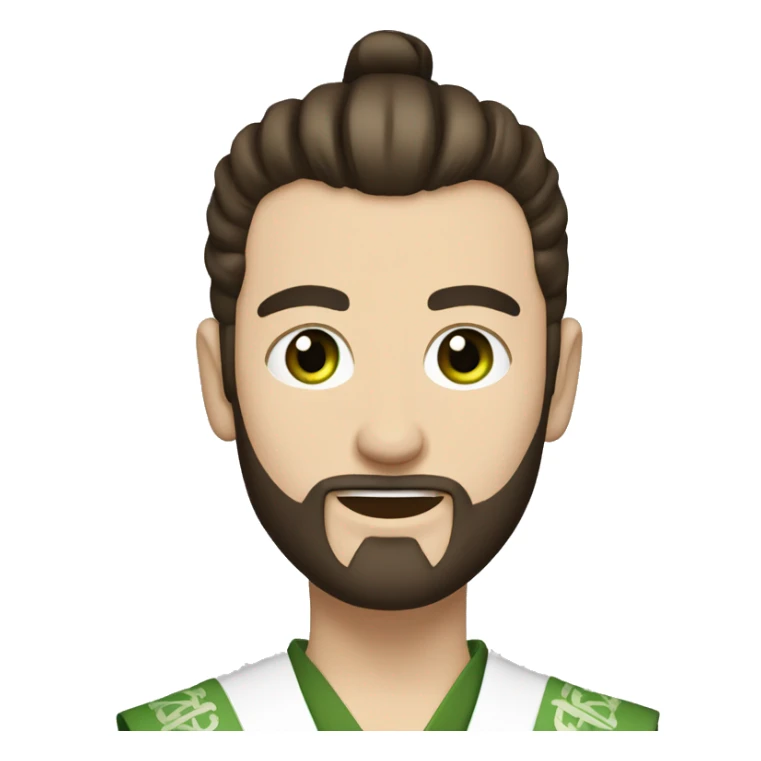 white man with short beard and a "top knot" samurai style dark brown hair. green eyes. slightly smiling. sticker