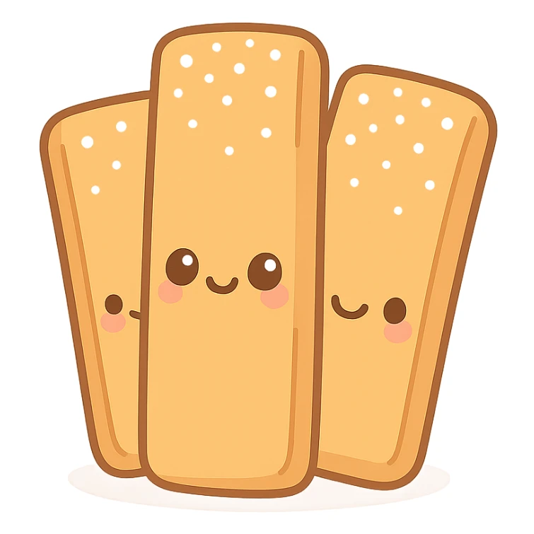 french toast sticks, with powdered sugar, cute and kawaii style, minimal background sticker