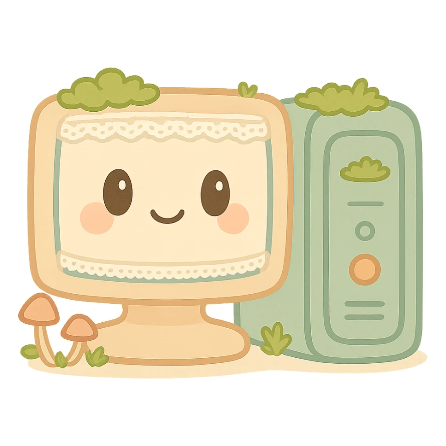 Remove any words or text from the image. Maintain the cottagecore style featuring a quaint computer tower and monitor surrounded by moss, tiny mushrooms, delicate lace, and soft earthy tones. The background should be transparent. sticker
