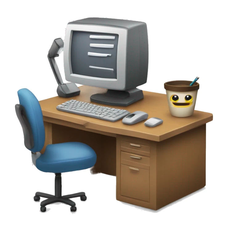 computadora en escriorio con un cuaderno y lapicera sticker