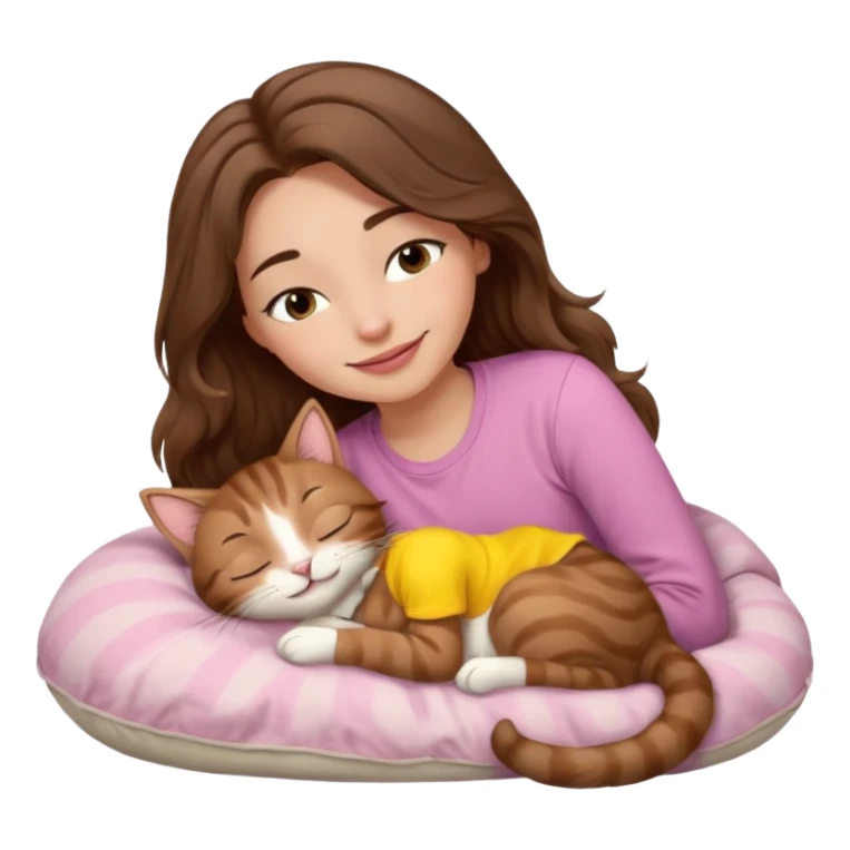 girl with wavy long brown hair, brown eyes, light to medium complexion, long lashes, light pink lipstick, smiling, wearing light pink shirt, sleeping on a cozy pillow, cuddling a brown tabby cat  sticker