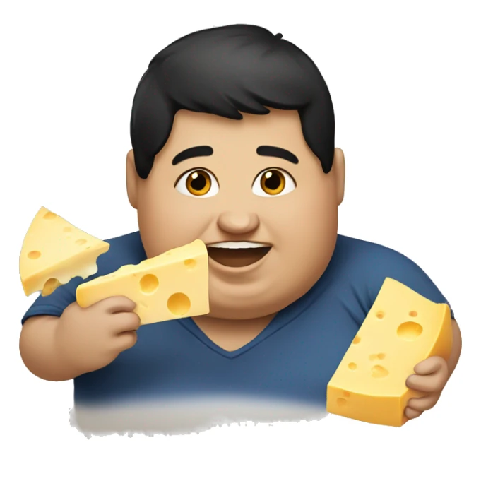 Fat boy with black hair eating cheese sticker