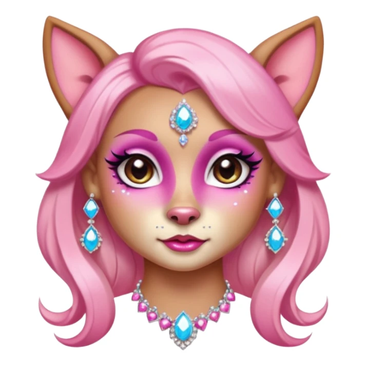 glamorous dog portrait, head and shoulders only, exaggerated pink makeup, bright eyeshadow, long eyelashes, shiny blush cheeks, sparkling face gems, glitter accents, elegant earrings, fantasy beauty style, cute 3D cartoon, mobile game icon style, clean background, no text, no watermark
 sticker