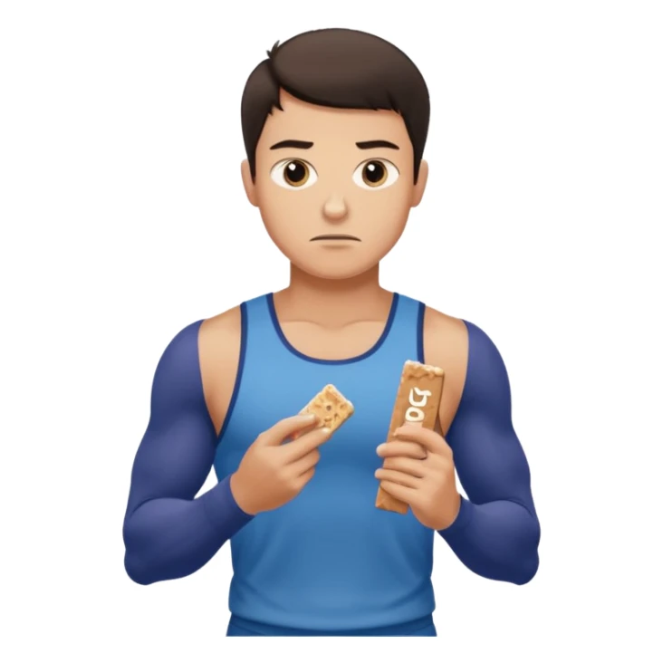 A male athlete holding a protein bar and frowning sticker