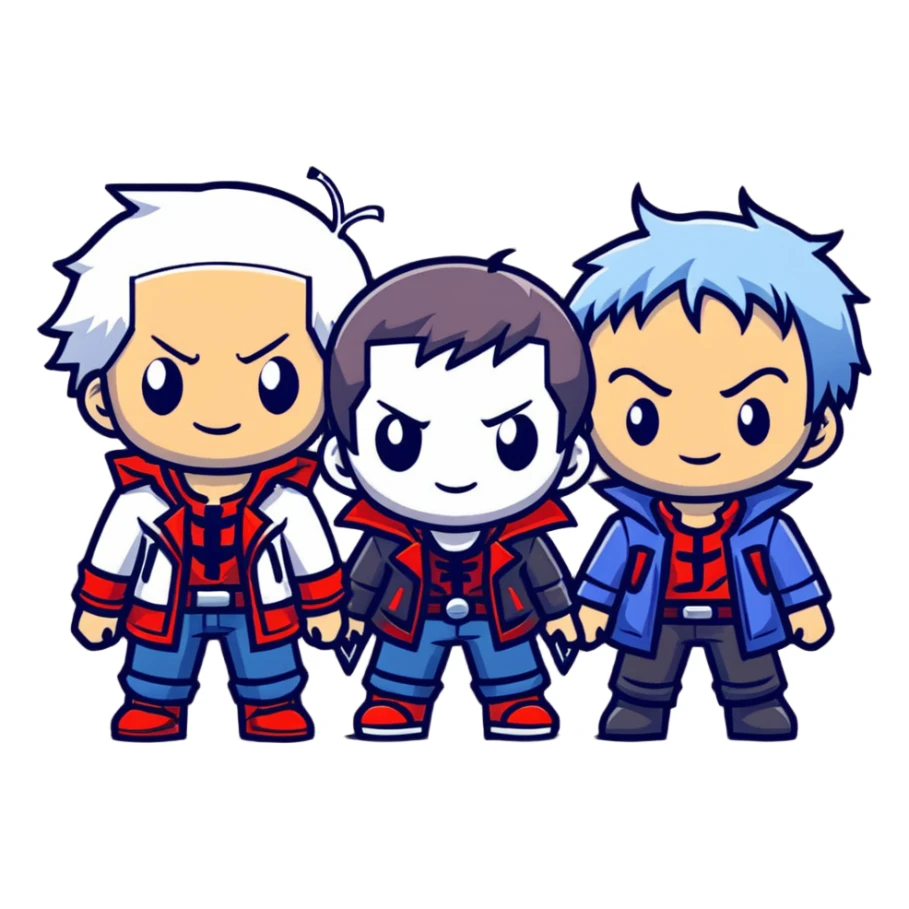 Cute chibi Devil May Cry characters, big heads, small bodies, childlike proportions sticker