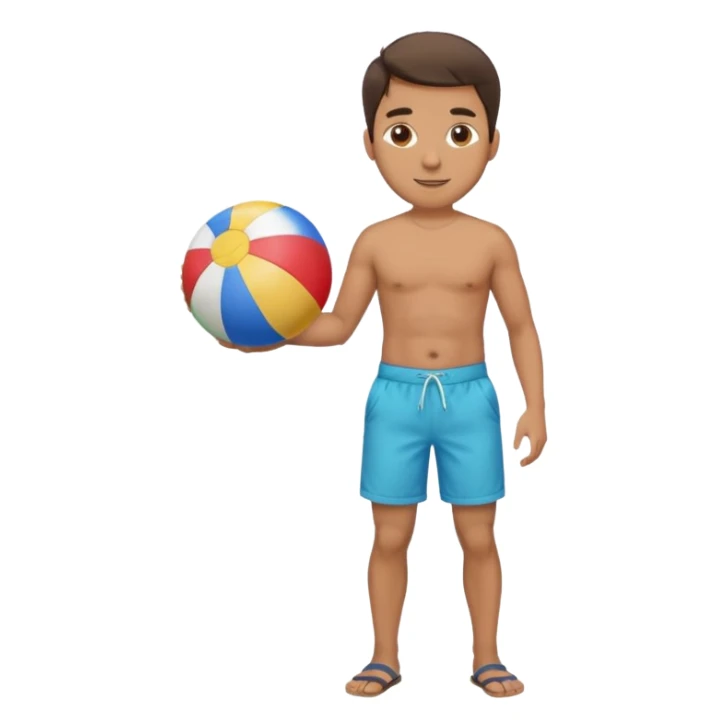 A man in Bermuda shorts as a full-body swimsuit and a beach ball sticker